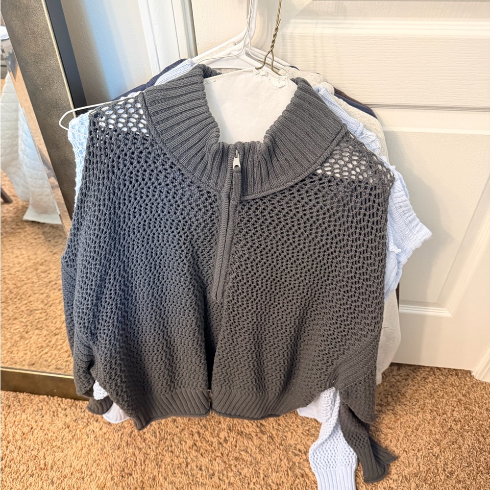 aerie Charcoal Gray Open-Knit Half-Zip Sweater